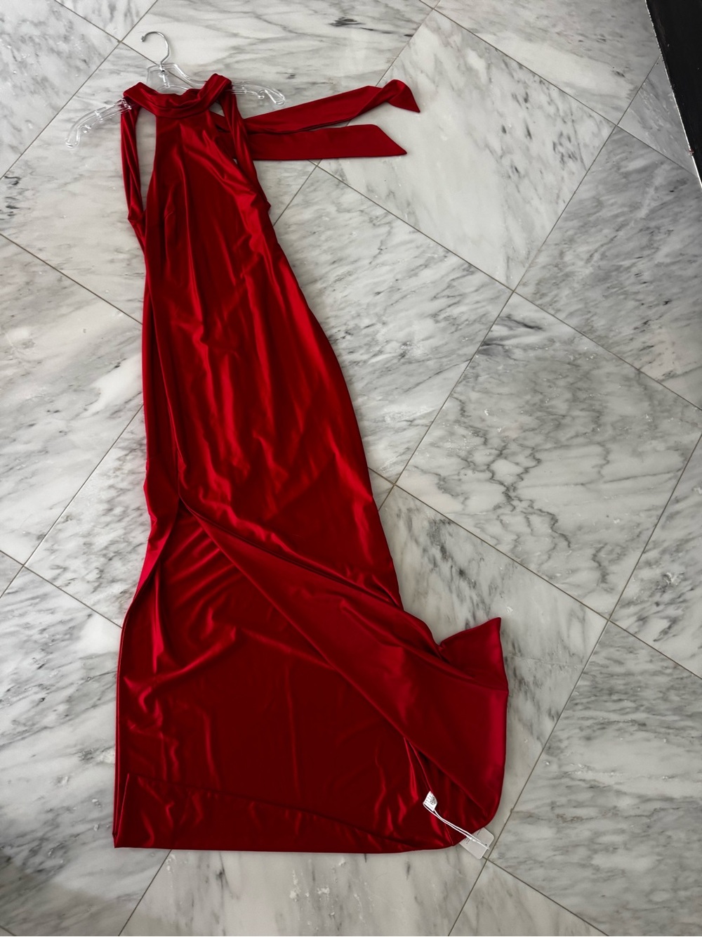 Satin Red Slip Dress with Neck Tie Detail